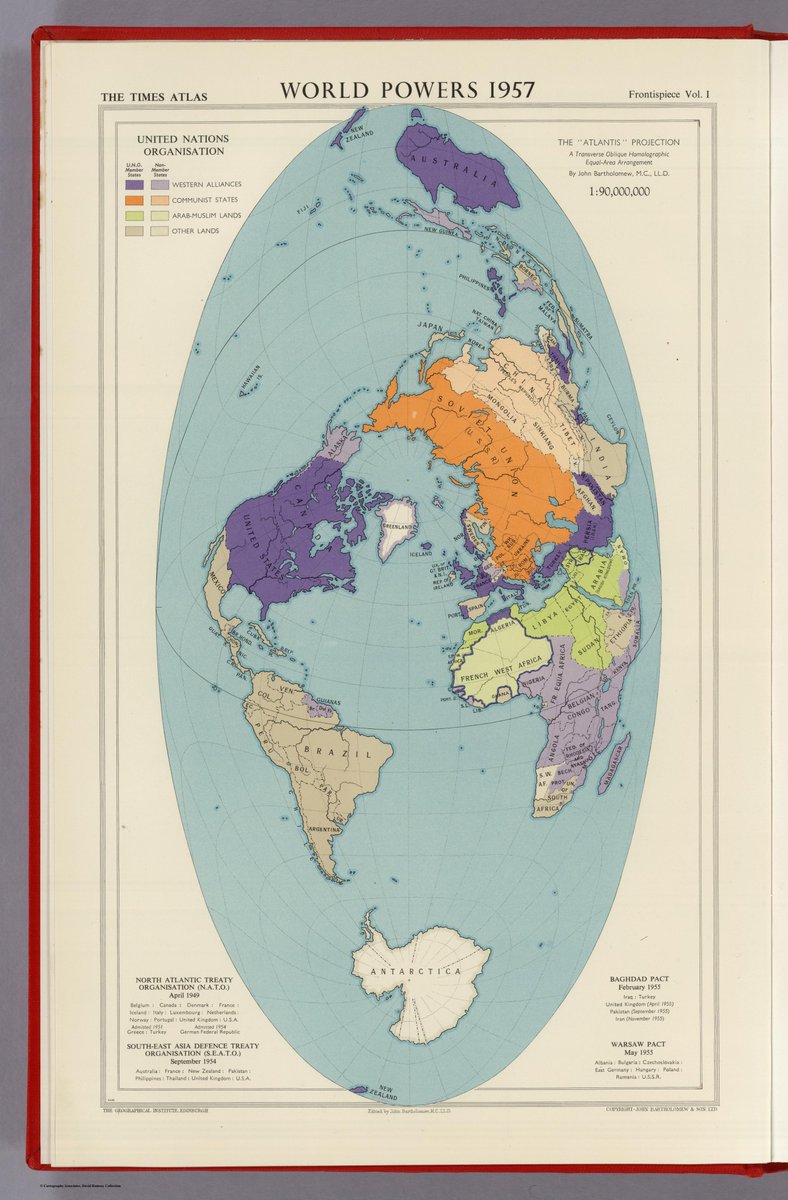 RhodesMaps's tweet photo. Anyone from #maptwitter know how to generate a PRJ file for Bartholomew's “Atlantis Projection” shown below? I've found some of the math behind the projection but no EPSG code or PROJ4 string to work with it in @QGIS or @ArcGISPro . @DavidRumseyMaps 
https://t.co/arznNnqW24 https://t.co/JAmItKiYsm