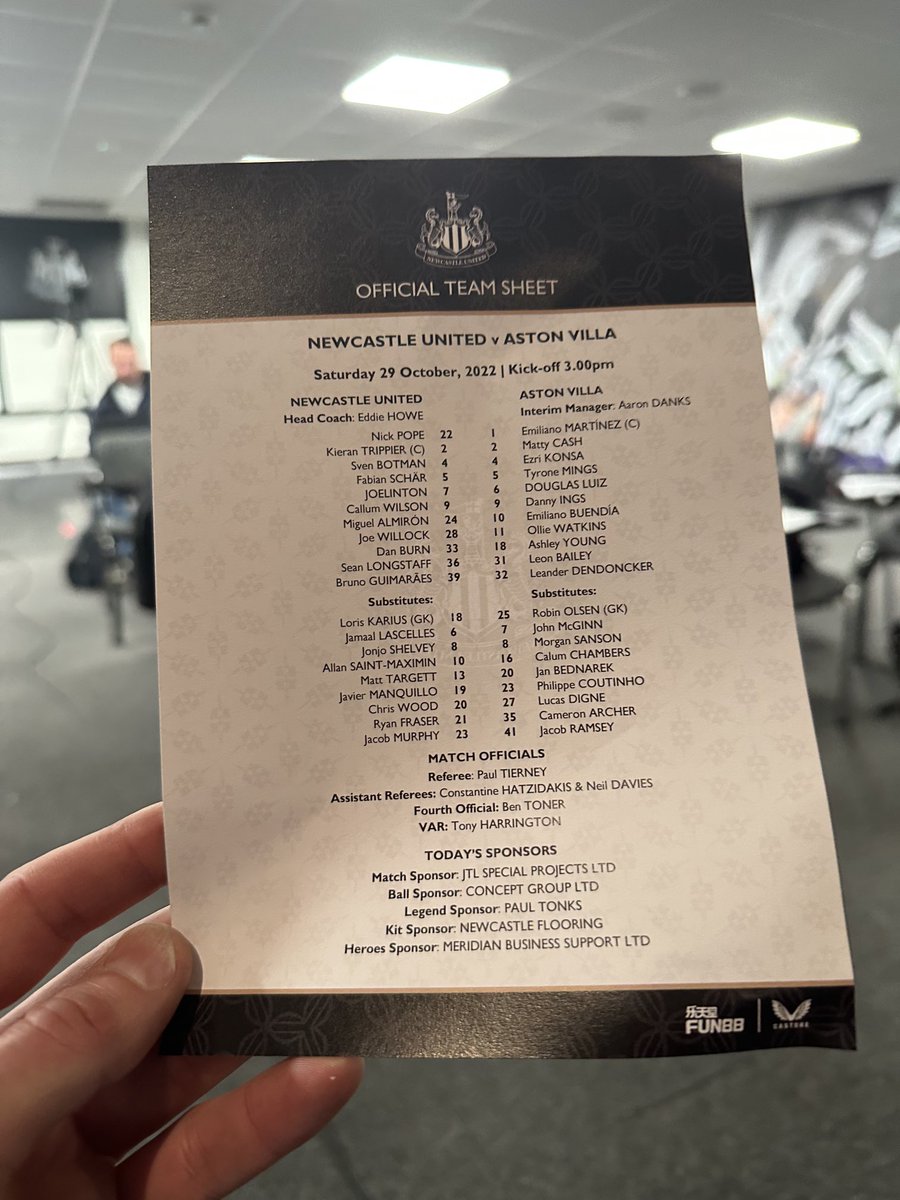 Teamsheet for Newcastle United vs Aston Villa.