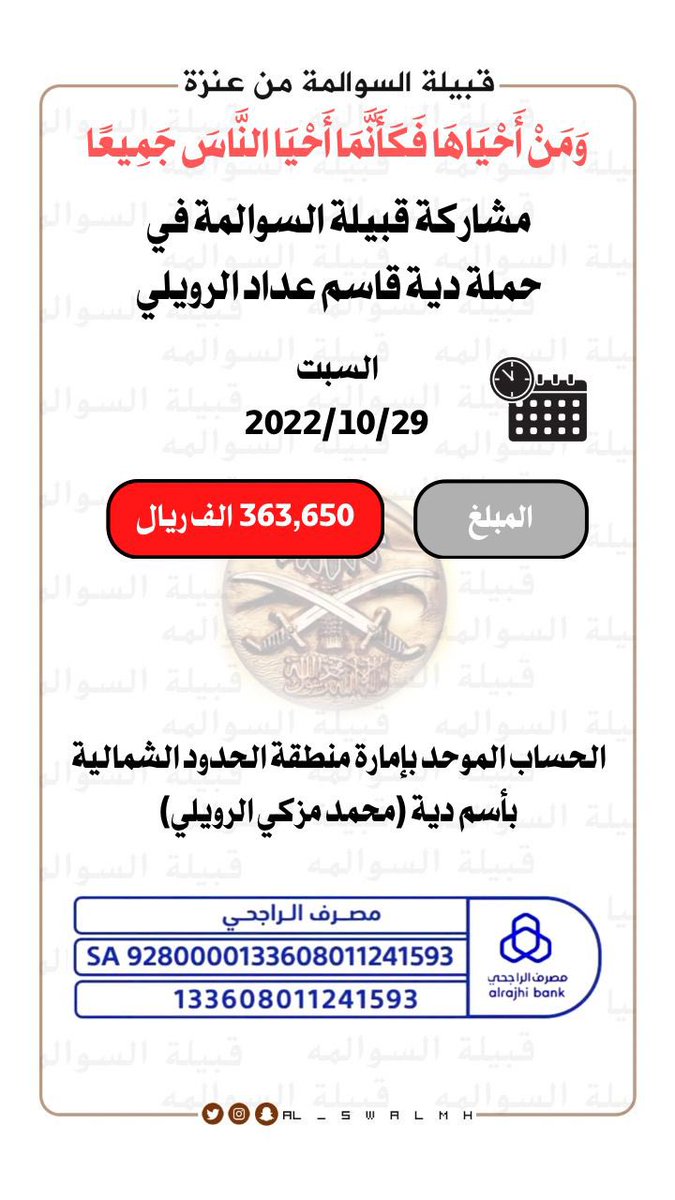 حساب قبيلة #السوالمه 

تحديث يوم السبت ٤ / ٤ / ١٤٤٤ هـ

الساعة ٠٠ : ٤ مساءً

مشاركة قبيلة السوالمه من الجلاس من عنزة 

في 

#ديه_قاسم_الرويلي 

ولا زالت الحملة مستمرة