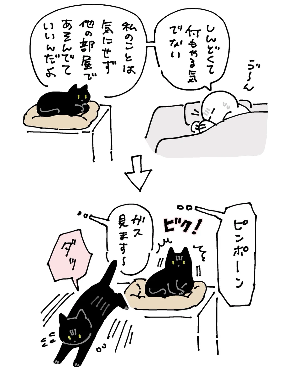 体調不良のためベッドで休んでいたときに来客が！そのときに愛猫が取った行動を描いた猫漫画が話題に！