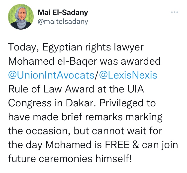 FreeBaker2's tweet photo. جائزة الاتحاد الدولي للمحامين المُقدمة للمحامي الحقوقي محمد الباقر ، تقديراً لعمله من أجل سيادة القانون.

#الحرية_لباقر
#FreeBaker https://t.co/e4vLnwTi1h