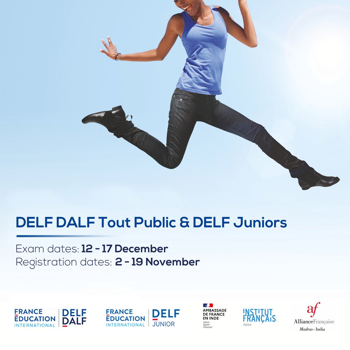 AFMadras's tweet photo. Heads up peeps!
Register for the next DELF DALF exam - Tout Public & Junior.
Online Registrations will open on 2nd Nov. 2022.
Stay tuned for the registration link...
@ifiofficiel
#studyfrench #internationalcertifications #choosefrench #Delfdalf #delfjuniors #Diploma https://t.co/cCepvkpoZ4