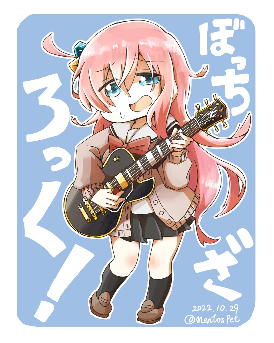 gotou hitori 1girl pink hair cube hair ornament long hair instrument solo guitar  illustration images
