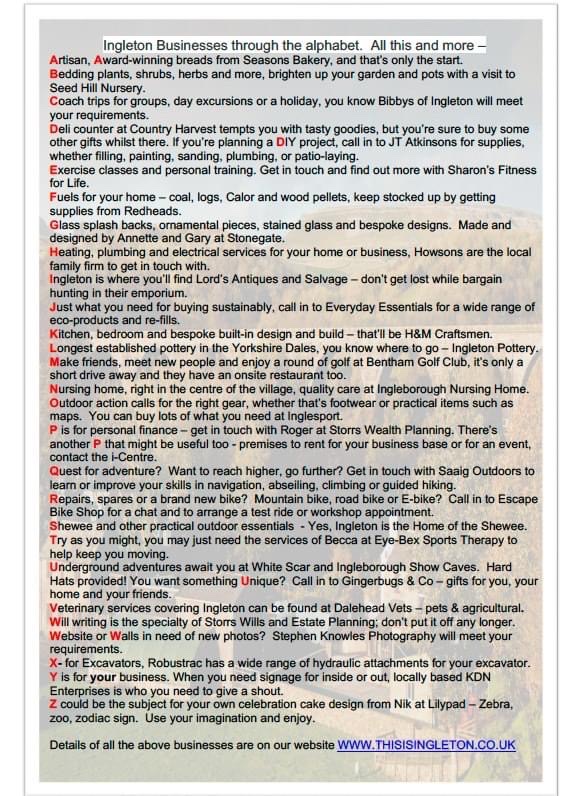 For a village, Ingleton area punches above its weight for service businesses and shops. All shares appreciated, thank you for supporting.