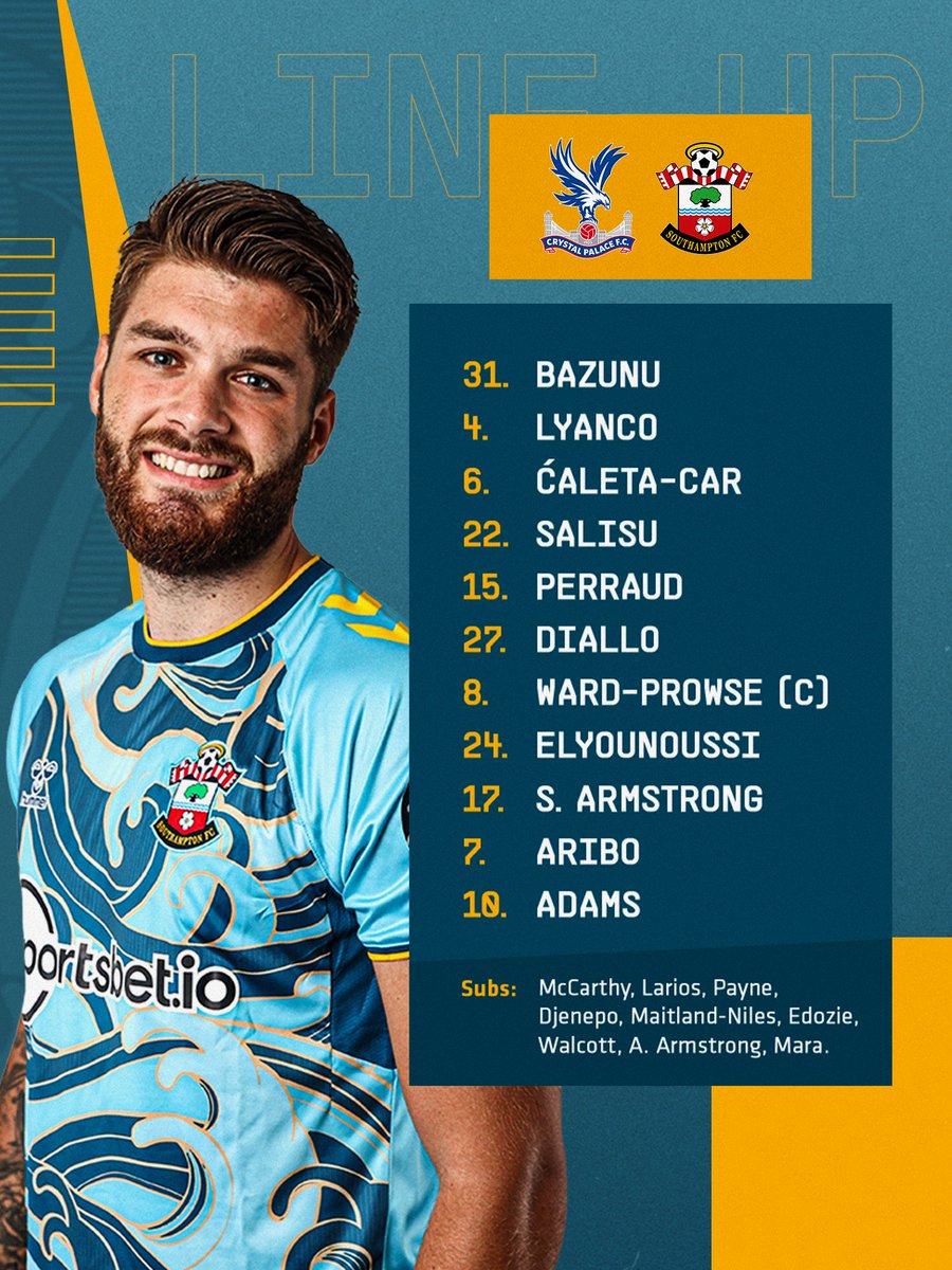📋 Estos son los XI en Selhurst Park:

#CrystalPalace: Guaita; Ward, Guehi, Andersen, Mitchell; Schlupp, Milivojevic, Eze; Olise, Edouard, Zaha

#SaintsFC: Bazunu; Lyanco, Caleta-Car, Salisu, Perraud; Diallo, Ward-Prowse; Elyounoussi, S. Armstrong, Aribo; Che Adams