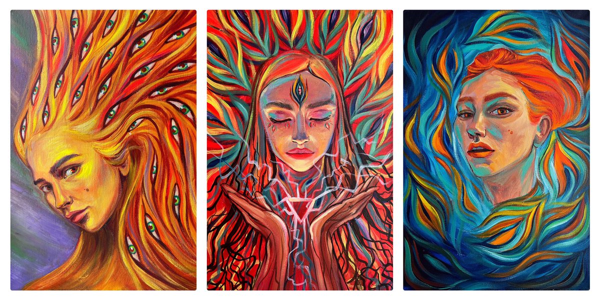 Right NOW🚨 3 works from “Chakras” collection on my FND🔥 I'm very excited... I hope for your support!🤞

My collection is about chakras, each chakra I paint through a girl's portrait, emotion and color.

Manipura, Muladhara, Svadhisthana already available🔮 

LINK below👇