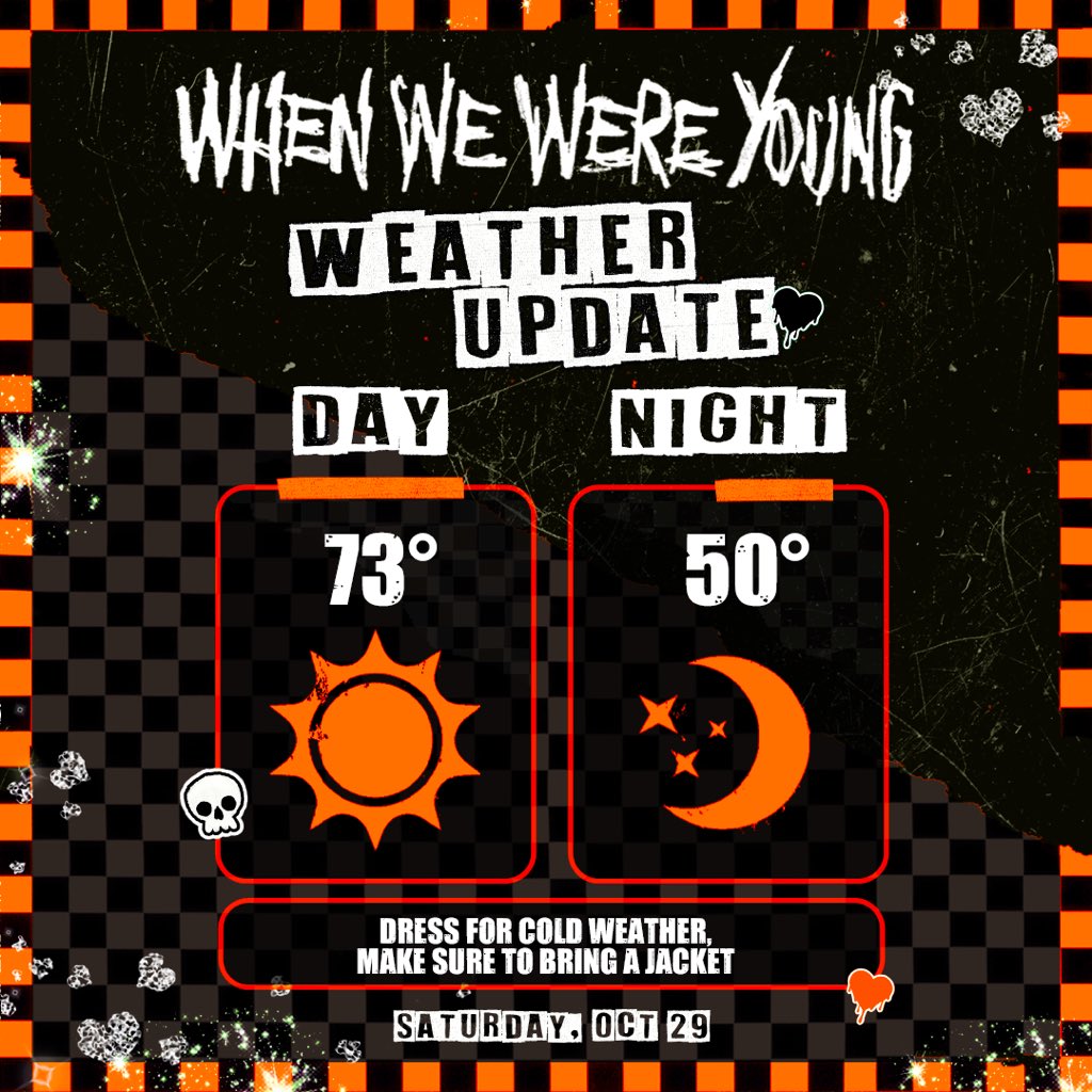 WWWYFest's tweet photo. WEATHER UPDATE. It’s going to be nice and sunny throughout the day but it will get chilly as the sun goes down. See you soon. 🖤 https://t.co/iEO8Q6e3Ul