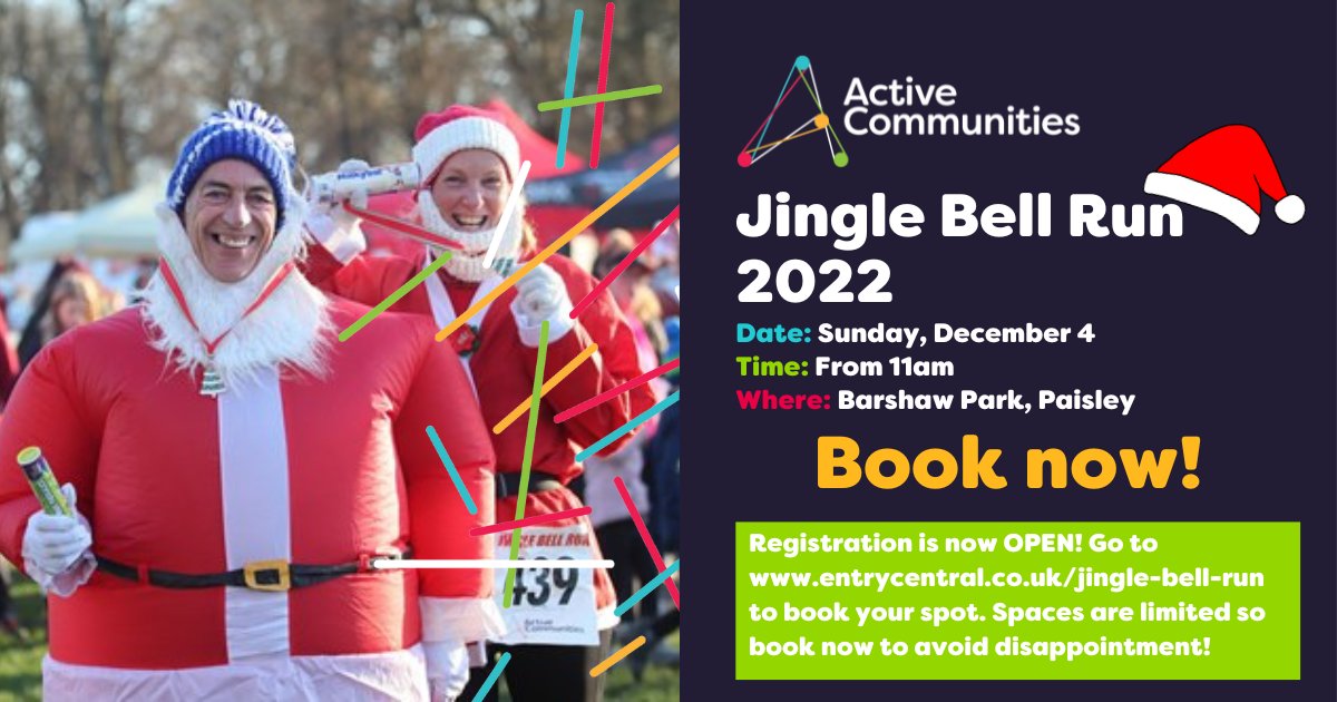 The 2022 @ACommunities Jingle Bell Fun Run will take place on Sunday 4th December at Barshaw Park, Paisley! bit.ly/3Gj2anN