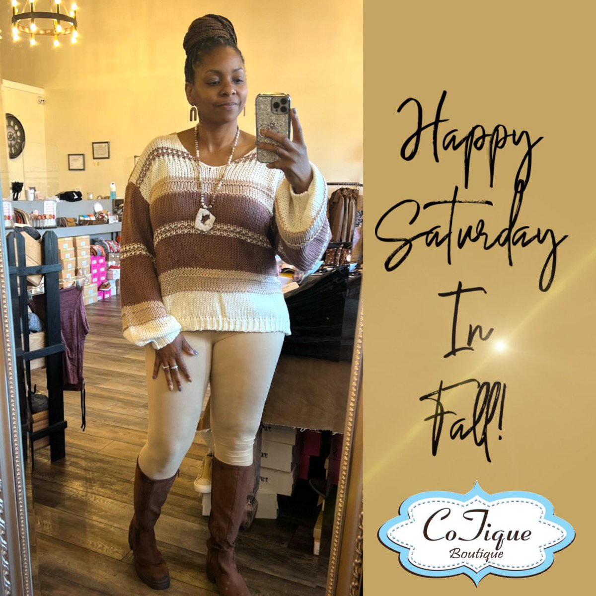 Cotiqueshop's tweet photo. Fall is such a beautiful fun time to play with fashion! Oversized tops, leggings and tall boots for this beautiful morning!
🍂🍂We are OPEN 12-6 TODAY🍂🍂
#outfitideas #Falllooks #forsythga https://t.co/JNUtW4w2Ec