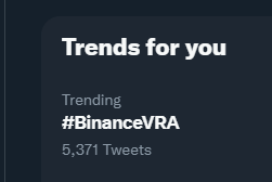 #BinanceVRA hashtag trending again. 

Some more stats:

- $VRA has only 70k holders
- 368,492 people have $VRA on their <a href="/CoinMarketCap/">CoinMarketCap</a>  watchlist.
- 103,054 Followers on CMC BETA
- <a href="/verasitytech/">Verasity | PLRL</a> 270.2K Twitter Followers
-<a href="/LunarCrush/">LunarCrush</a> champion

These are numbers of top 50 coins🚀🚀