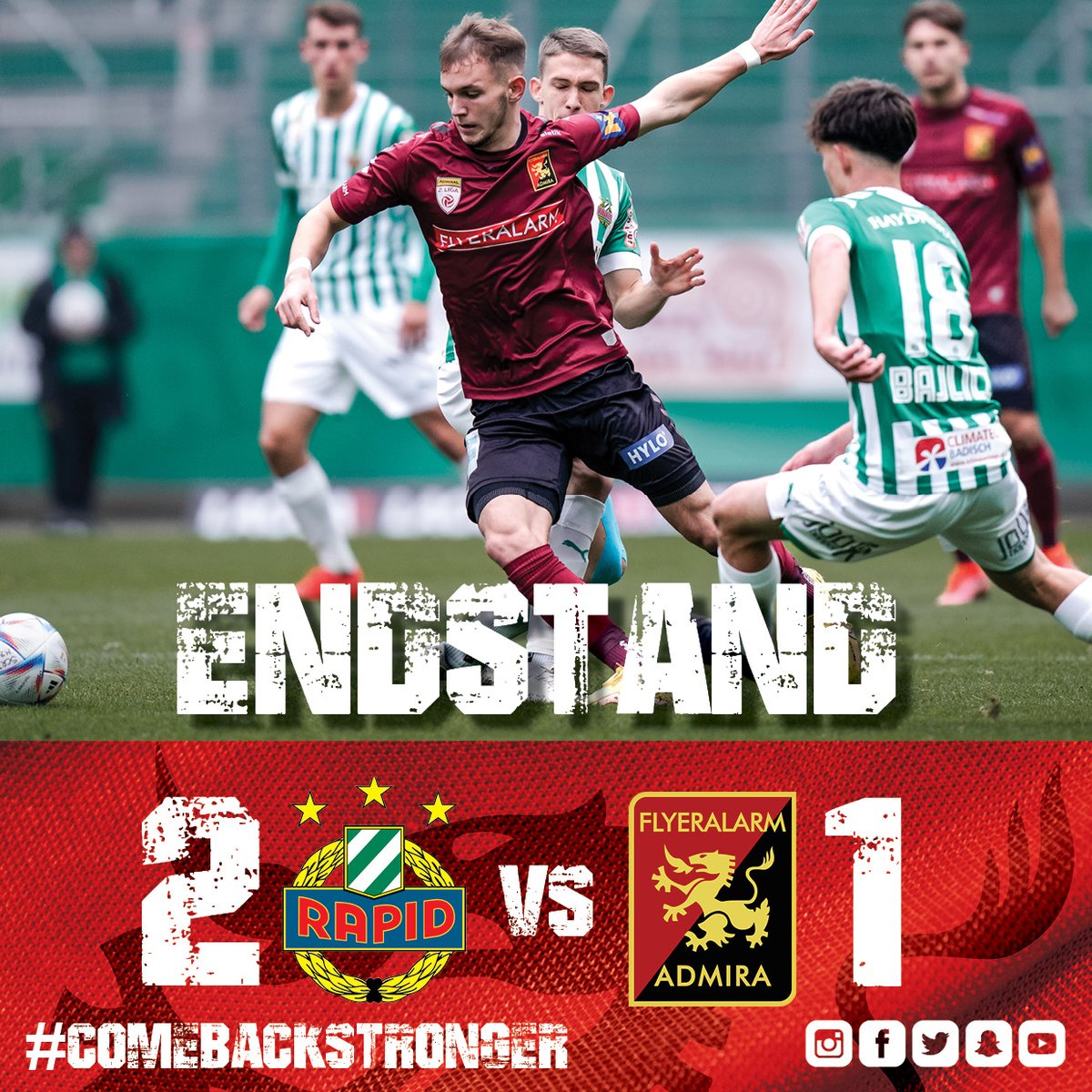 FCAdmiraWacker's tweet photo. Endstand | 2:1 #scradm | Tore: Bosnjak (20.), Hedl (27.); Schmidt (50.) | Tore: | #ligazwa #admira #admiralligazwa #comebackstronger https://t.co/MfVJc5h3ho