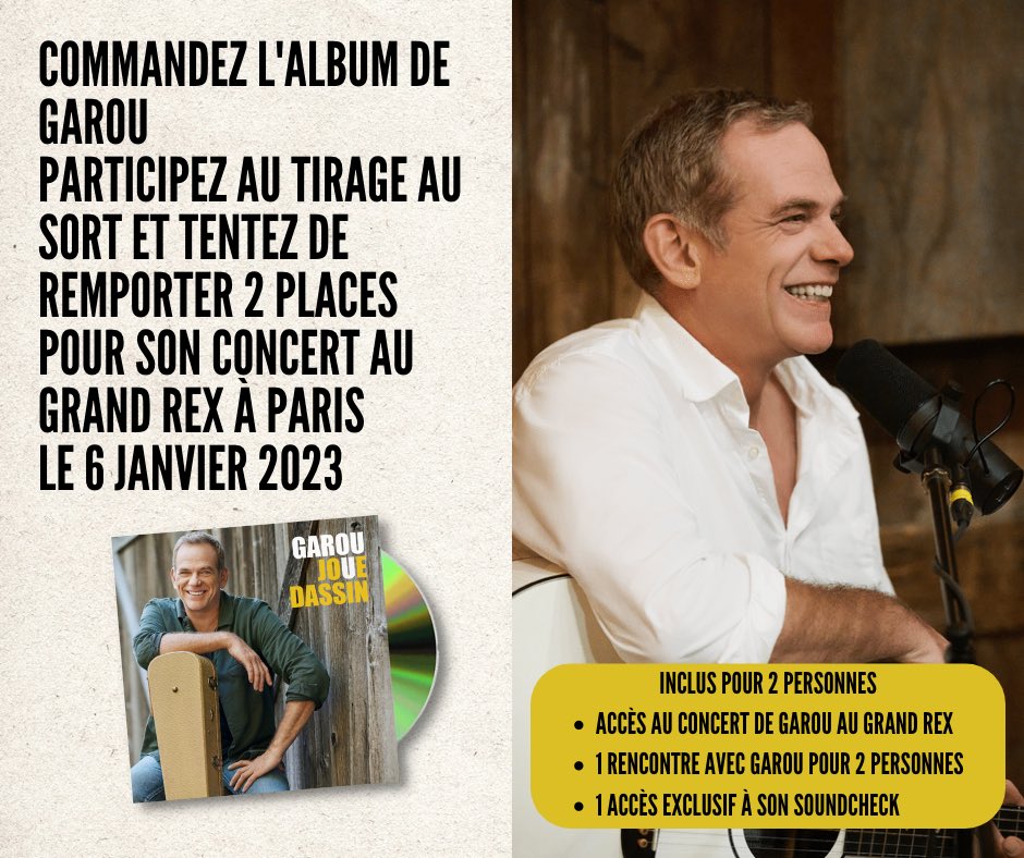 #GarouJoueDassin J-6 
Tentez de gagner un rencontre avec moi ainsi qu'un accès exclusif aux répétitions au Grand Rex à Paris (06/01/23) 
Commandez mon album 👉 universalmusic.store/collections/ga…