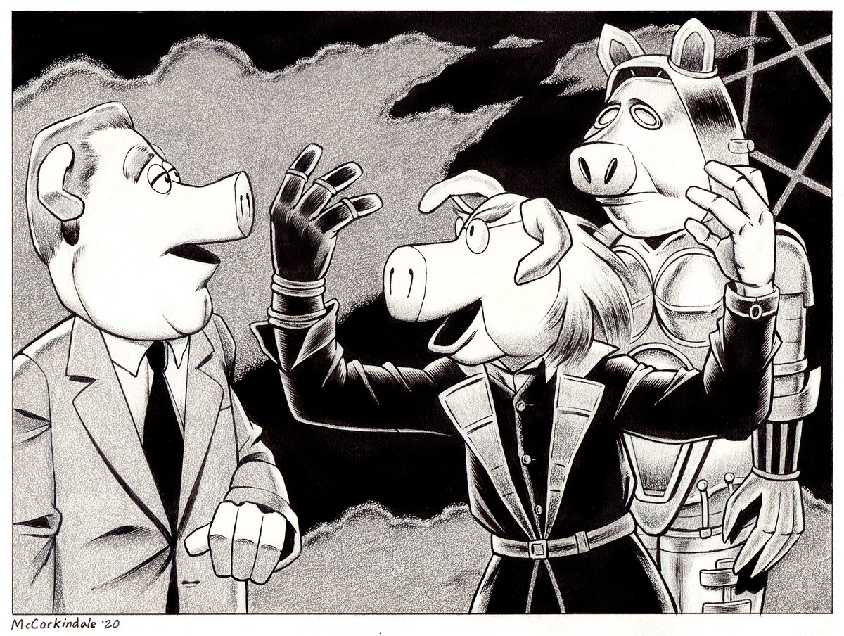 brucemccorkinda's tweet photo. A month of #Muptober flashbacks! Day 29, 2020: A Muppet version of METROPOLIS featuring Link Hogthrob, Julius Strangepork, and Miss Piggy! Mixed media on 8.5 X 11" bristol board. https://t.co/4aakw9cphc