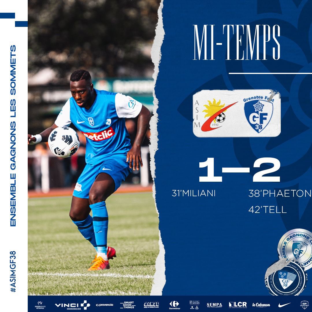 GF38_Officiel's tweet photo. ⏸ Mi-temps en Alsace !
Menés au score par les locaux, nos joueurs ont rapidement réagi pour passer devant (1-2).
#ASIMGF38 https://t.co/L3GqcwGDz6