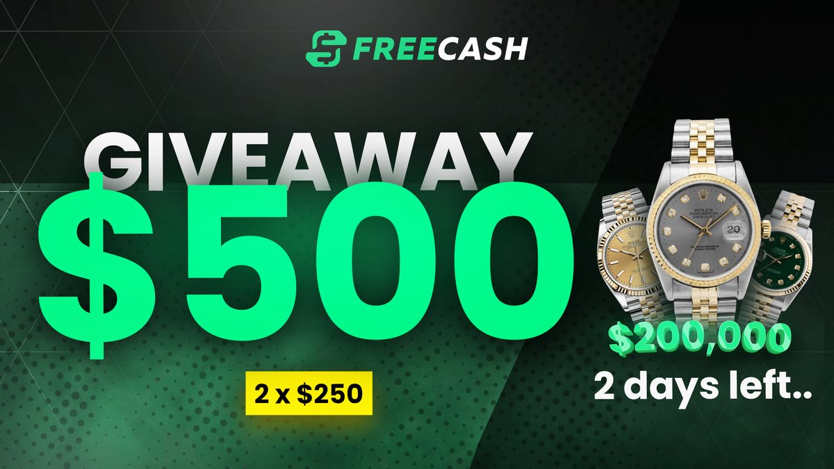 $500 Giveaway, 2 winners

✅ Follow us
✅ Retweet this post
✅ Comment Freecash but backwards

Rolling in 5 days! 🏆

Only 2 days left to win amazing prizes from our $200,000 event.
Check it out! Freecash.com