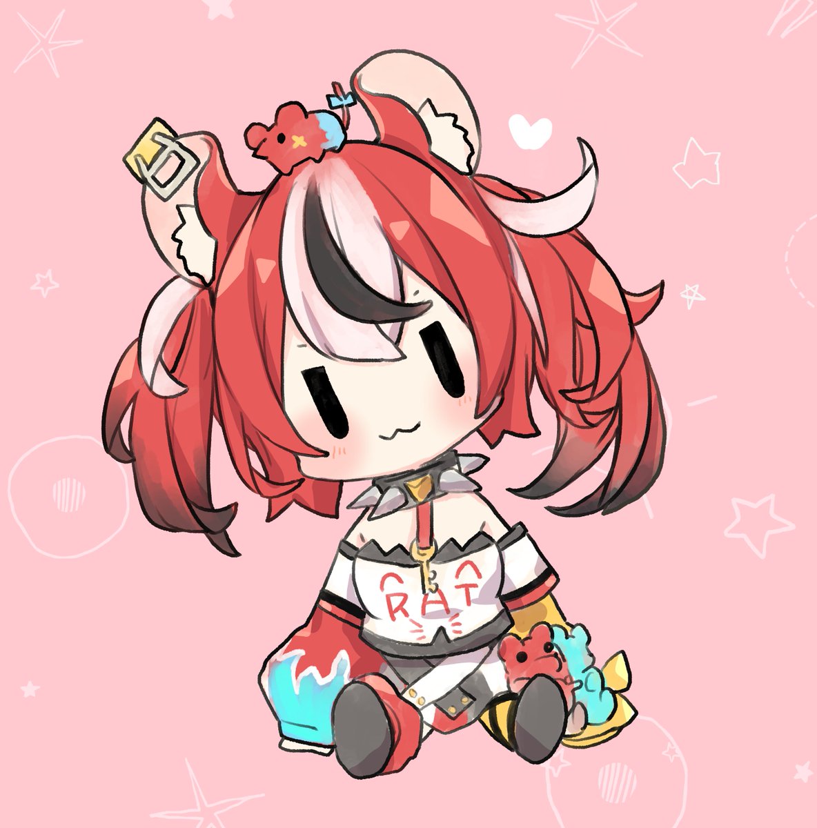 hakos baelz 1girl animal ears mouse ears red hair collar chibi :3  illustration images