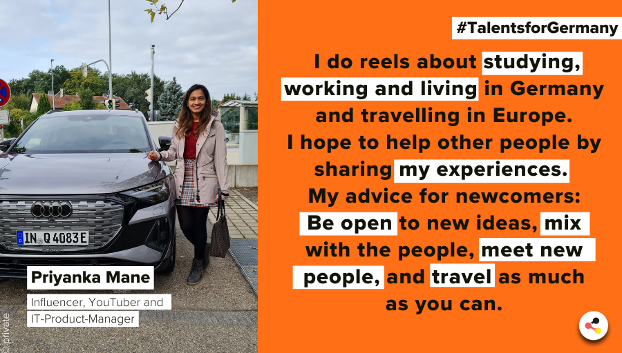 ger_trends's tweet image. 🇮🇳 💻 @i_priyanka_mane came from #India to work as an IT product manager with an automobile company in Germany.

🇩🇪 💬 On Instagram, she talks about her experiences and #LifeinGermany in an effort to smooth the way for others. 

What she advises: 👇 

#TalentsforGermany