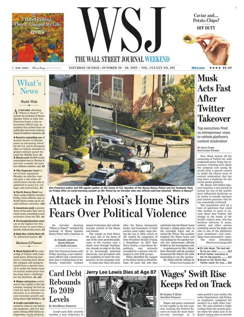The front page of The Wall Street Journal this morning.
Saturday, October 29 2022.