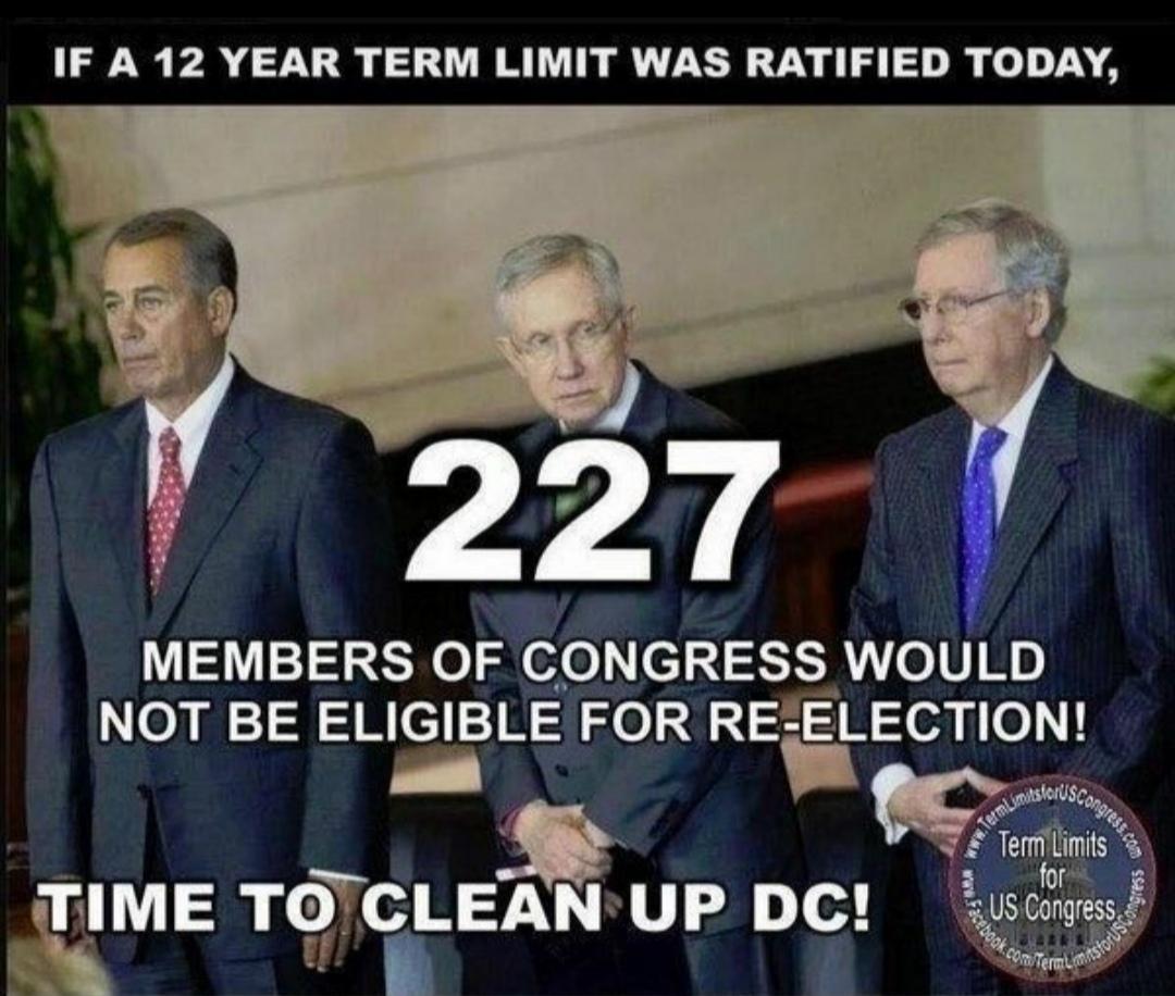 AroundMyCitys's tweet image. One area nearly all Greens, Libertarians, Dems, Repubs agree

#TermLimits 

IF A 12 YEAR #TermLimit 
WAS RATIFIED TODAY….
227
MEMBERS OF CONGRESS WOULD NOT BE ELIGIBLE FOR RE-ELECTION!

Not red vs blue…
it’s the .01% vs me and you

#FairMarket #Occupy #AMC #Pelosi
#Election