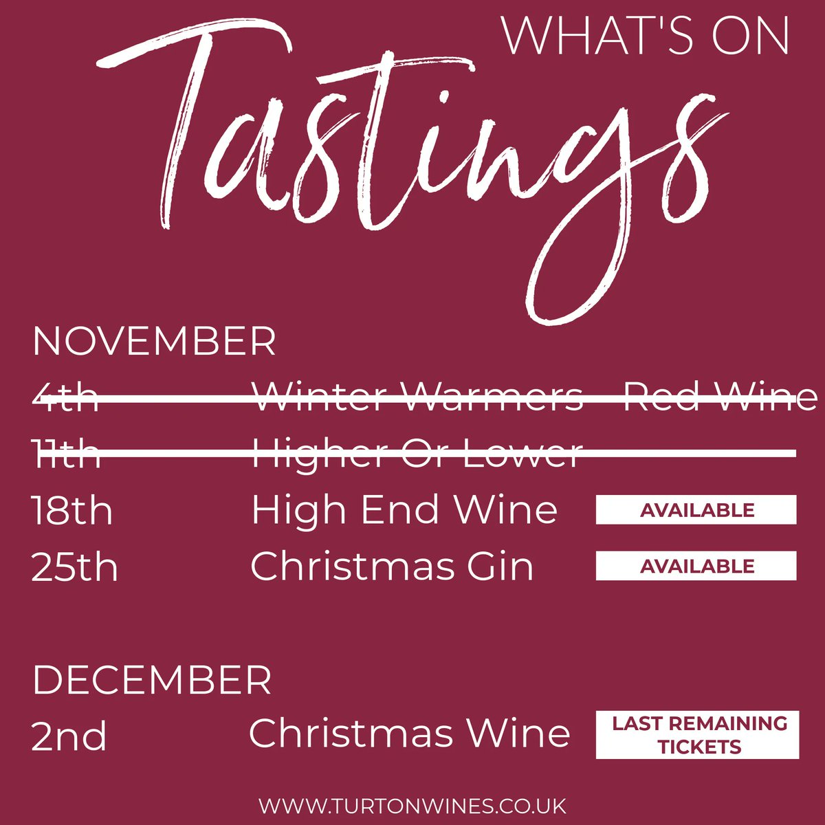 TheSlaughteredH's tweet photo. NOVEMBER &amp; DECEMBER TASTINGS 🍷
We've still got some tickets left for some of our upcoming tastings!
Tickets are available here >> https://t.co/bb3Jl99zQL 
Or by pop the shop and speak to a member of our team https://t.co/7ubYh5d9MR