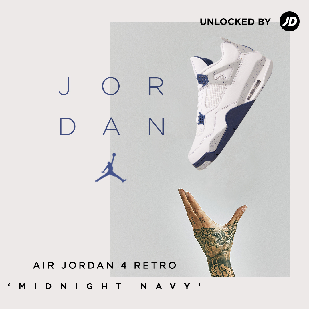 FinishLine's tweet photo. The #AirJordan Retro 4 just dropped in 'Midnight Navy'. 

Get fresh here. 🔥 https://t.co/MkG6PSCXUz https://t.co/QapCCjewy9