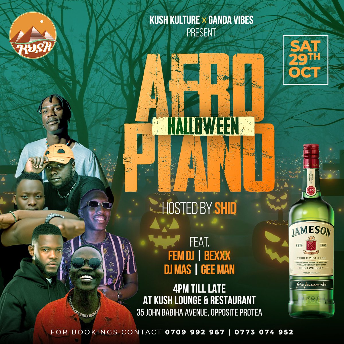 Trick or treat yo’ self to the best Halloween party this weekend with Ganda Vibes' Afro-piano with guest Dj @fem_dj alongside @Bexx_A_Dj, @Geeman_ManAStar, @Deejay_Mas_256 & @rashidkyonjo. Don't forget there's prizes to be won for best dressed 👻. Book your table. #Kushalloween