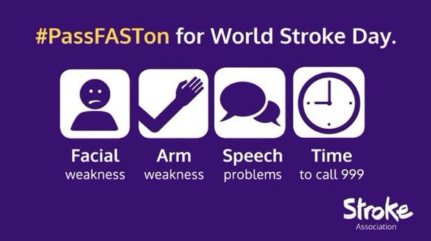 <a href="/TheStrokeAssoc/">Stroke Association</a> <a href="/EoEISDNs/">East of England Integrated Stroke Delivery Network</a>   Stroke strikes every 5 minutes in the UK. 

Spot the signs FAST:
F - Facial weakness
A - Arm weakness
S - Speech problems
T - Time to call 999

#PassFASTon #WorldStrokeDay