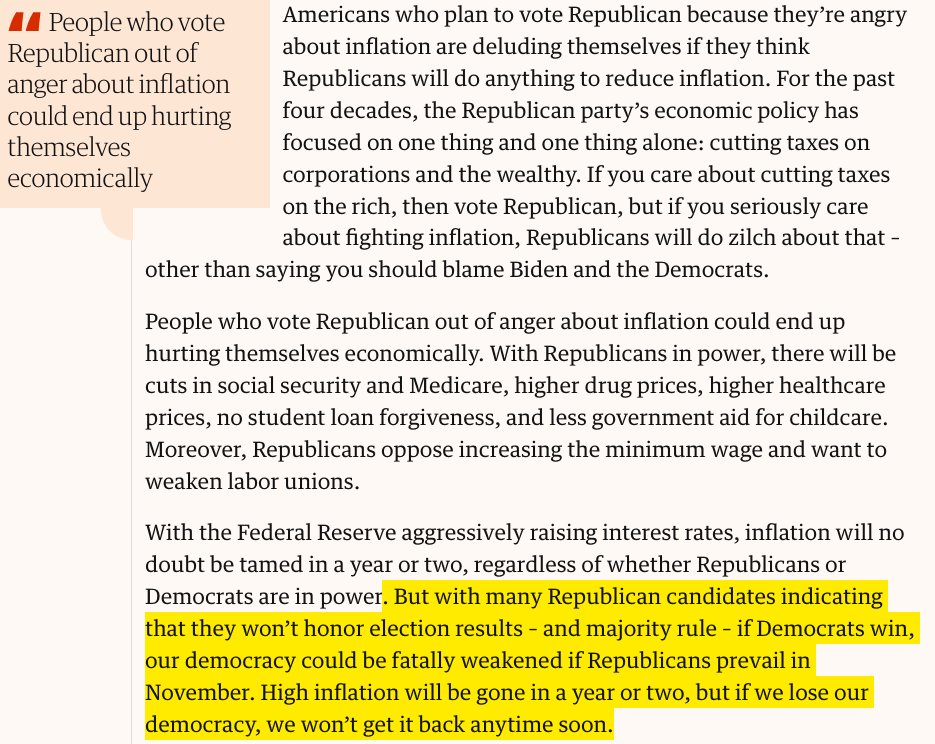 Some advice to voters who plan to vote Republican because they're angry about inflation: Look before you leap Republicans won't do anything to cut inflation. They'll make it worse by raising prescription drug prices. Plus they want to cut Social Security theguardian.com/commentisfree/…