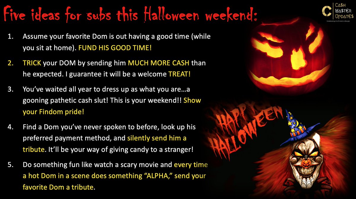 MASTER_UPDATES's tweet photo. It's Halloween weekend! Subs, here are 5 ideas to help you celebrate!🎃

What other ideas should be added to the list?👻 https://t.co/dnxwwuRfZR