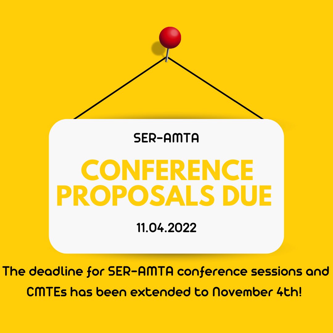 SER-AMTA regional conference proposals have an extended due date of November 4th! Both CMTE and concurrent sessions are due on this date. 

Concurrent sessions: docs.google.com/forms/d/1TkcDt…

CMTE: forms.gle/anxfuZMsi4X6YU…