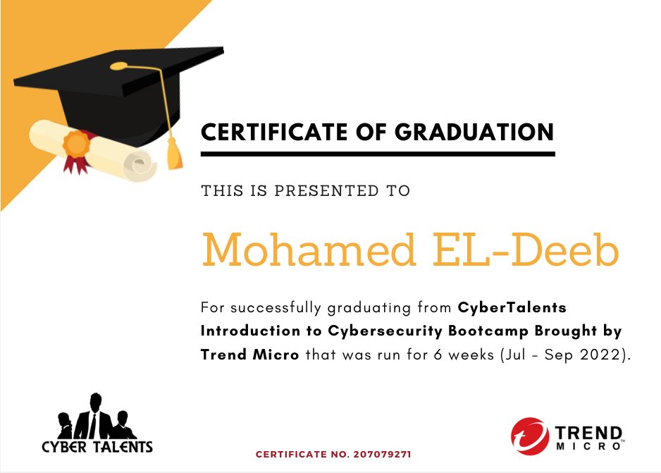 الحمدلله 🥳❤️❤️

I got my certificate for graduating from 'CyberTalents Introduction to Cyber Security Bootcamp',
and i got the 18th place at the final ctf assessment ,
Thanks @Cyber_Talents ,@TrendMicro  for the great experience , hope we meet again 🥰