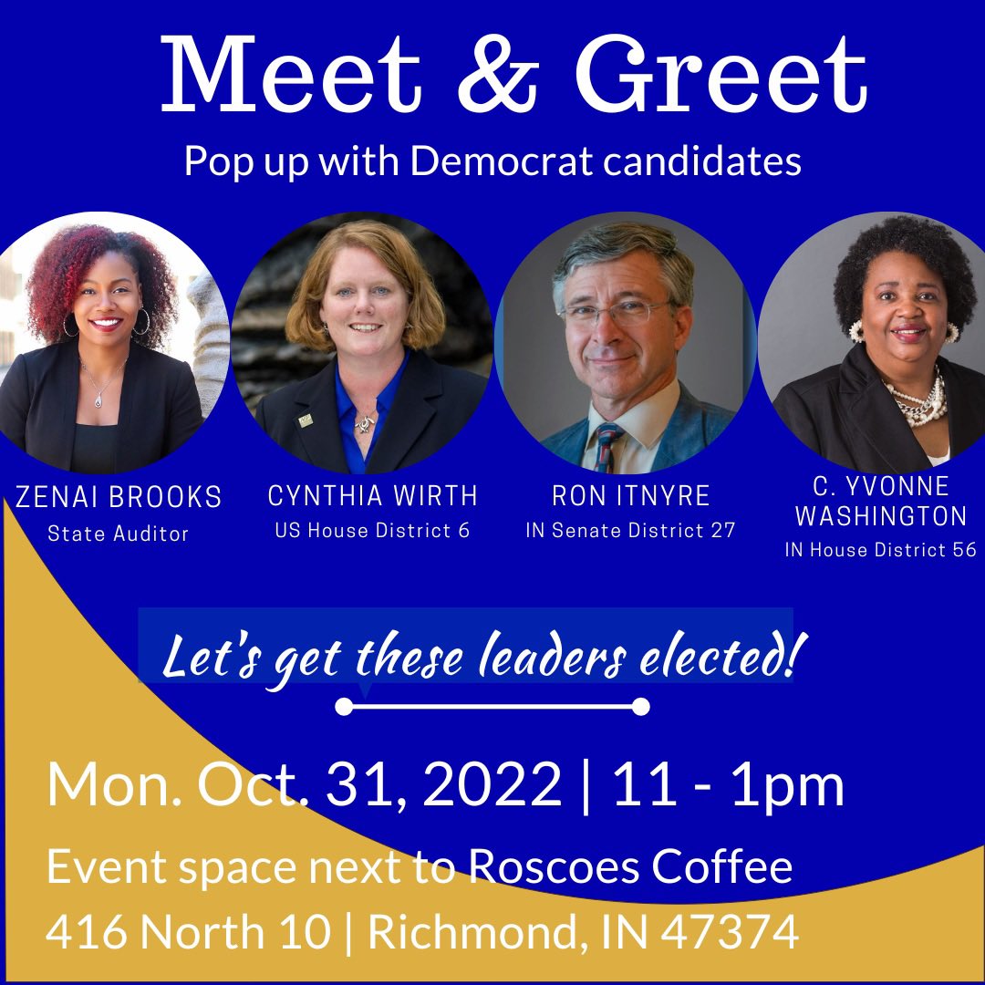cwirth4congress's tweet photo. ☕️ 
Join 
@votezenai 
@ItnyreRon 
Yvonne Washington (https://t.co/DBR0SpUGe8) 
&amp; @cwirth4congress
 
Monday 11am-1pm in Richmond, IN https://t.co/5gL1w2N9OY