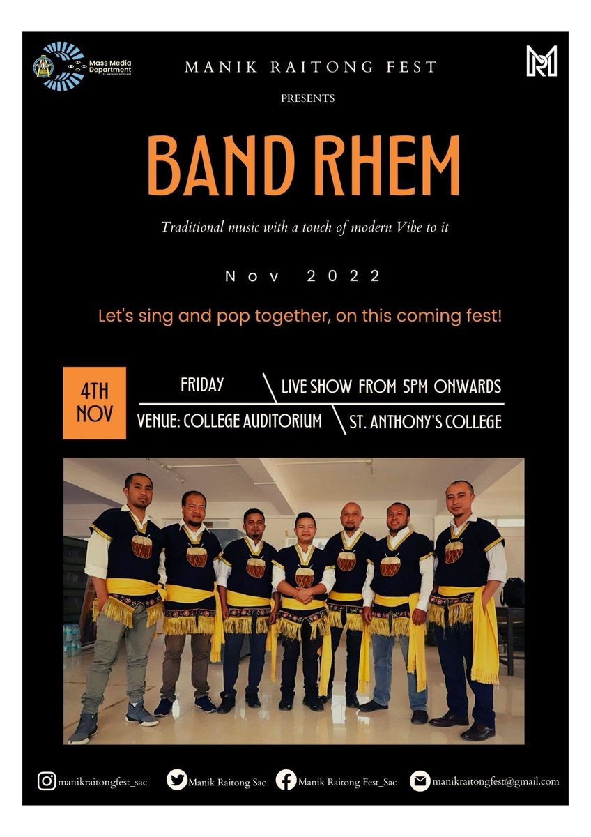 ManikRaitongSAC's tweet photo. Get ready to experience  Traditional Khasi Music with a hint of Modern vibe to it from RHEM ! 
4th Nov - Auditorium
See you there !
.
.
Poster by: Anisha 
.
#khasi #jaintia #garo #massmedia #dance #food  #music #trendy  #manikraitongfest_sac  #meghalaya #event  #explorepage https://t.co/R7IXhRW4oV