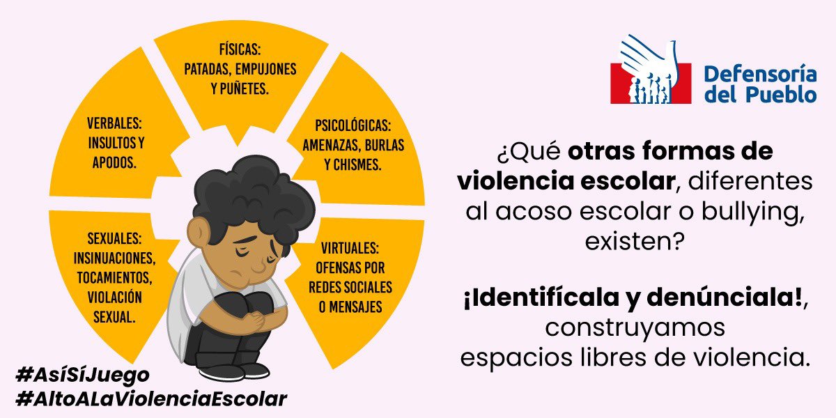 El #AcosoEscolar se produce entre estudiantes y es sostenido en el tiempo. La #ViolenciaEscolar puede darse del personal de la escuela hacia las/os estudiantes o entre estudiantes de manera esporádica u ocasional. ¡#AltoALaViolenciaEscolar! #AsíSíJuego 👉🏾bit.ly/3KVlPNs