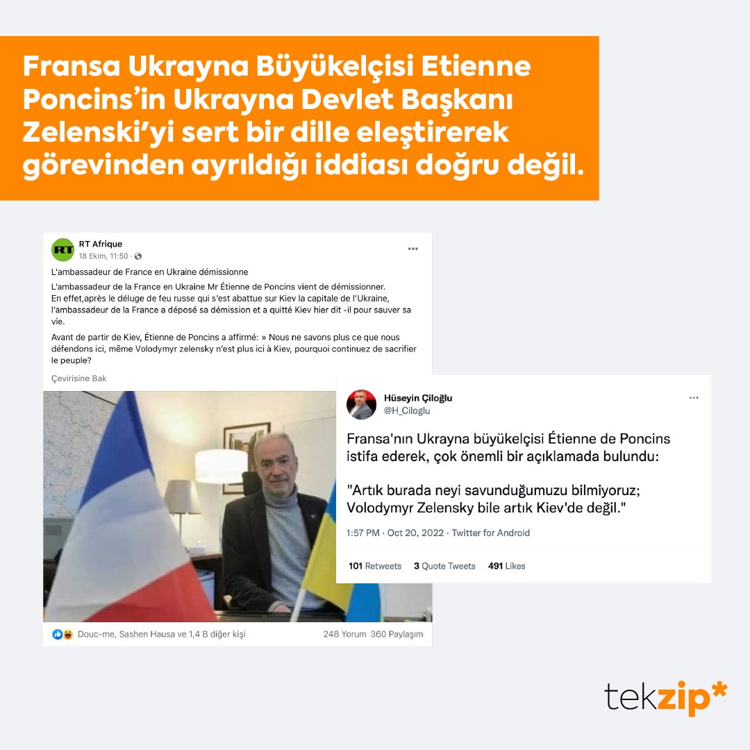 ❌ Fransa Ukrayna Büyükelçisi Poncins’in Zelenski'yi sert bir dille eleştirerek görevinden ayrıldığı iddiası gerçeği yansıtmıyor.

✅Büyükelçinin kendi sosyal medya hesaplarından bu iddiayı yalanladı. Ayrıca Poncins, güncel olarak görevini sürdürmeye devam etmekte.