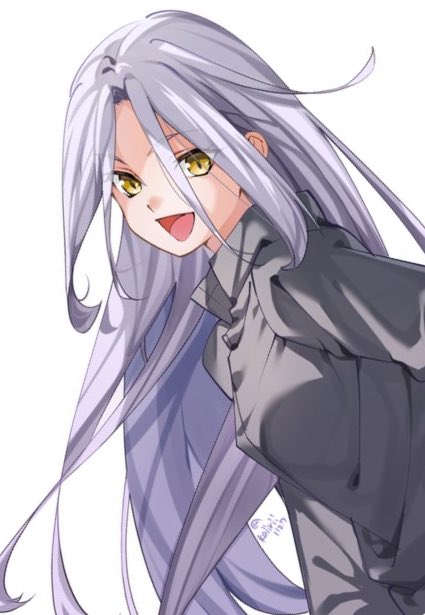 1girl solo long hair white background yellow eyes open mouth smile  illustration images