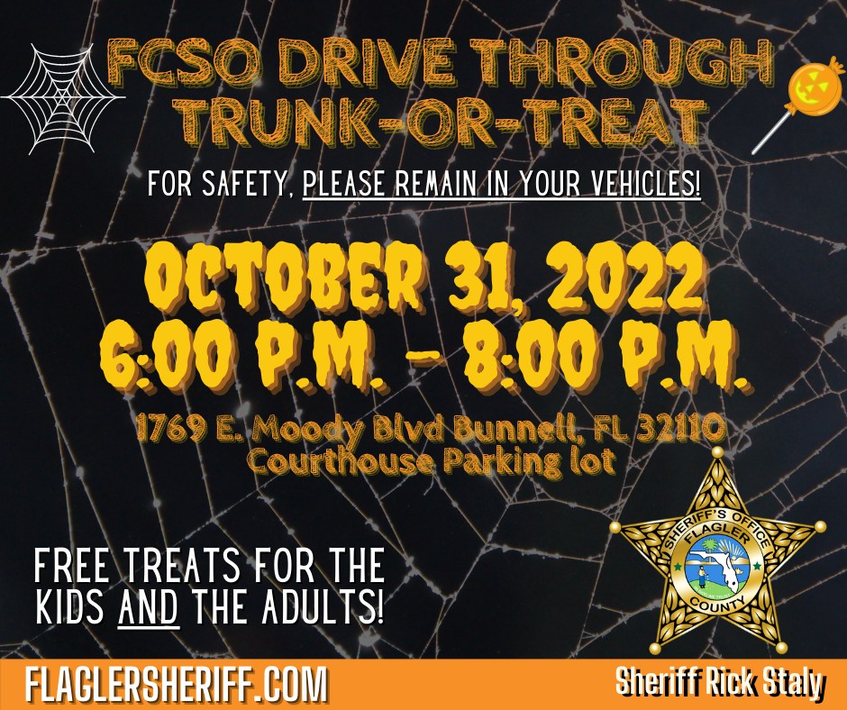FlaglerSheriff's tweet photo. We invite you and your family to join us on #Halloween night as Sheriff Rick Staly and deputy sheriffs host a #TrunkOrTreat filled with sweets for the entire #FlaglerCounty community.

MORE: https://t.co/I0p3nlxfEk

#AllTheCandy #FCSO https://t.co/1x1cJjGyoJ