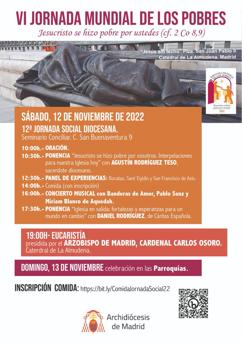 Reserva en tu agenda: JORNADA SOCIAL DIOCESANA.
Con ella empieza nuestra <a href="/archimadrid/">Archidiócesis de Madrid</a> la Jornada Mundial de los Pobres.
Toda la información Y ENLACE A LA SEMANA SOCIAL (¡nos haces falta tú!) en pastoralsocialmadrid.com/jornada-social…
#JSD22 #JMP22