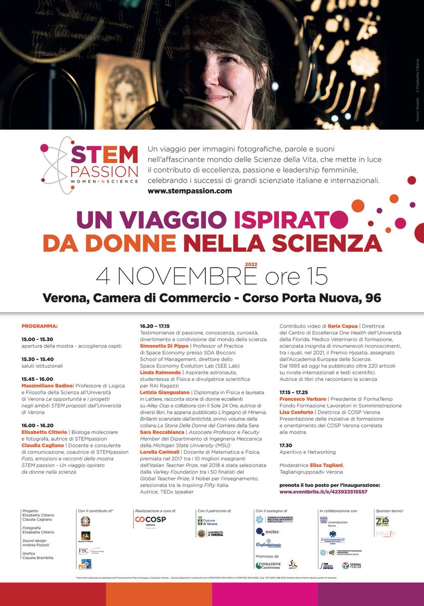 ⁦#STEMpassion exhibit travels to Verona. We look forward to seeing you at the opening!

🗓️Nov 4th, 2022, 3pm
📍CCIAA DI VERONA Corso Porta Nuova, 96

Open 4/11-31/12 
Mon-Fri 9:00-17:00
Thanks COSPVerona!
 #womeninscience #education
 ⁦⁦⁦⁦⁦⁦@CaglianoClaudia⁩