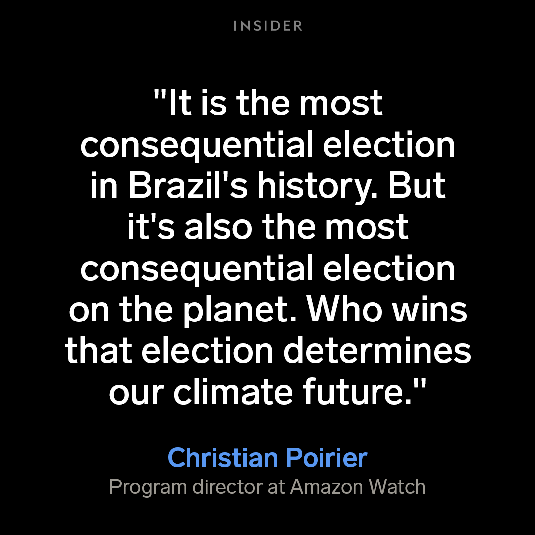 Bolsonaro promises to increase deforestation in the Amazon, while Lula promises to slow it. Neither of them gained majority support in a first round of voting, so they go to a runoff election on Sunday. Polls have shown them neck-and-neck. businessinsider.com/brazil-electio…