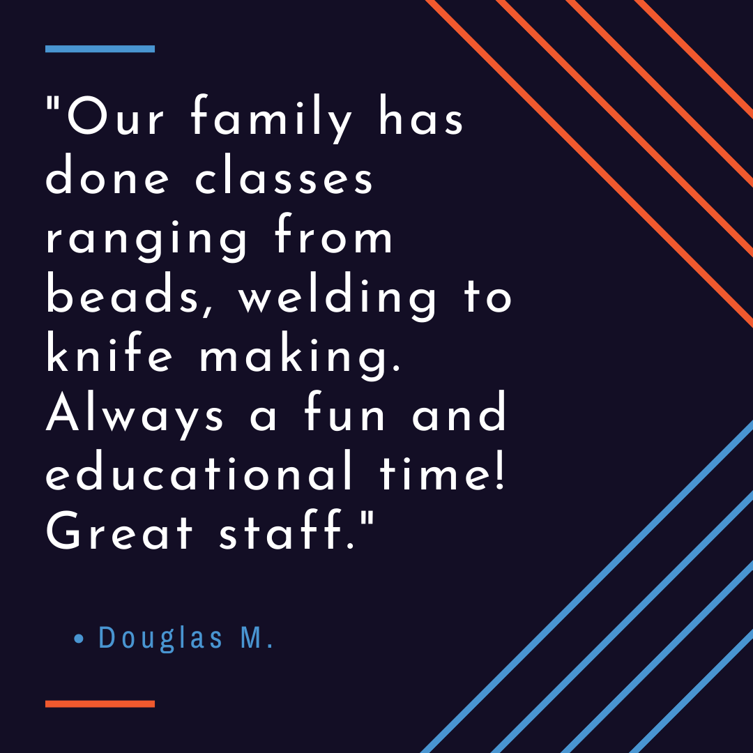 RochesterAFC's tweet photo. Thanks for the 5 Star review Douglas! ⭐⭐⭐⭐⭐ We are so glad you've enjoyed taking classes at Arc + Flame Center.

What class would YOU want to take with your family?

#welding #blacksmithing #metalwork #glasswork #glassfusing #knifemaking #rochesterny #rocny #upstateny https://t.co/mq7ExJCsFO