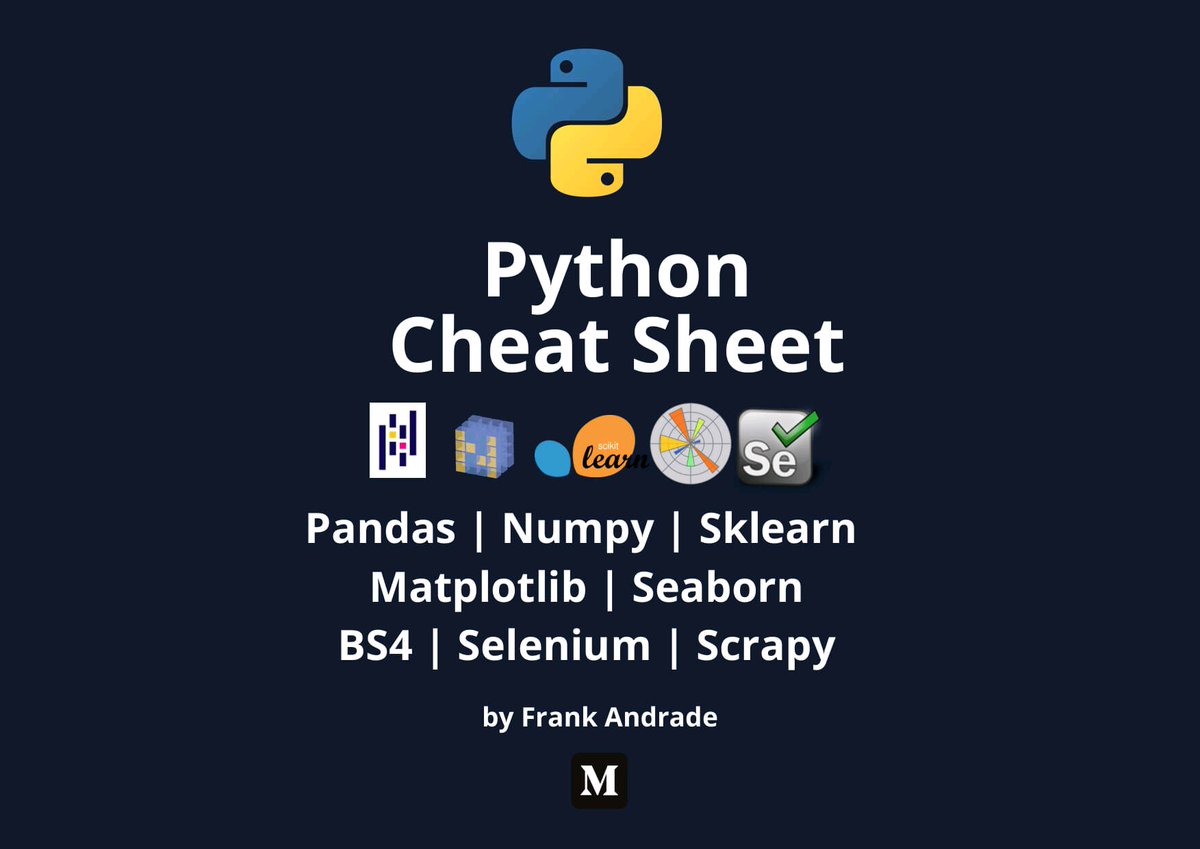 ElmagAmine's tweet photo. 🔥#Python Cheat Sheet 🐉🚀
for:#pandas #numpy
follow for more: #sklearn #matplotlib #seaborn #bs4 #selenium #scrapy
#javascript #ai #ml #Blockchain #SaaS #dataScientist #5G #DataAnalytics #RStats #Reactjs #VR #flutter #100DaysOfCode #NLP #TensorFlow #Cloud #Automation #NodeJS #go https://t.co/QuPAdPDVnE