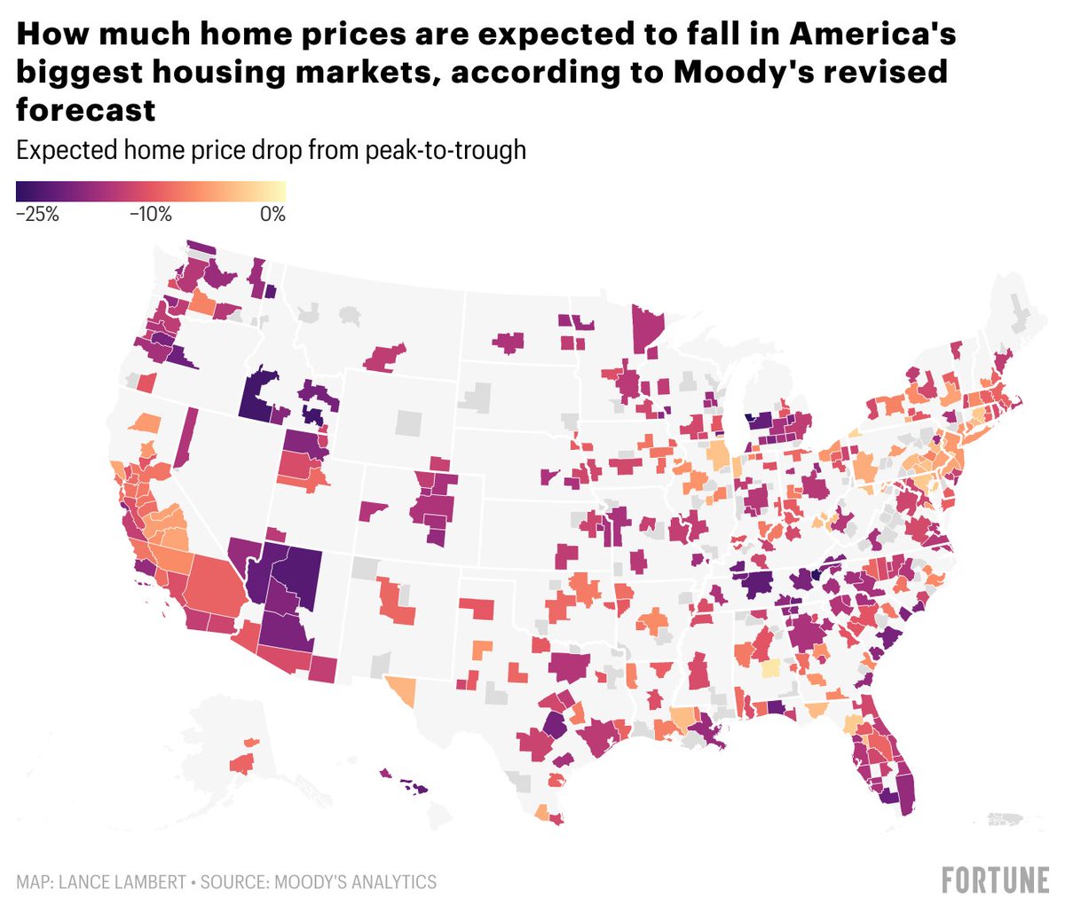 #NEW Moody's Analytics provided @FortuneMagazine its revised metro-level housing forecast. Peak-to-trough, @MoodysAnalytics expects 196 markets to register a 10% home price correction. Peak-to-trough, @MoodysAnalytics expects 11 markets to crash 20%. fortune.com/2022/10/29/hou…