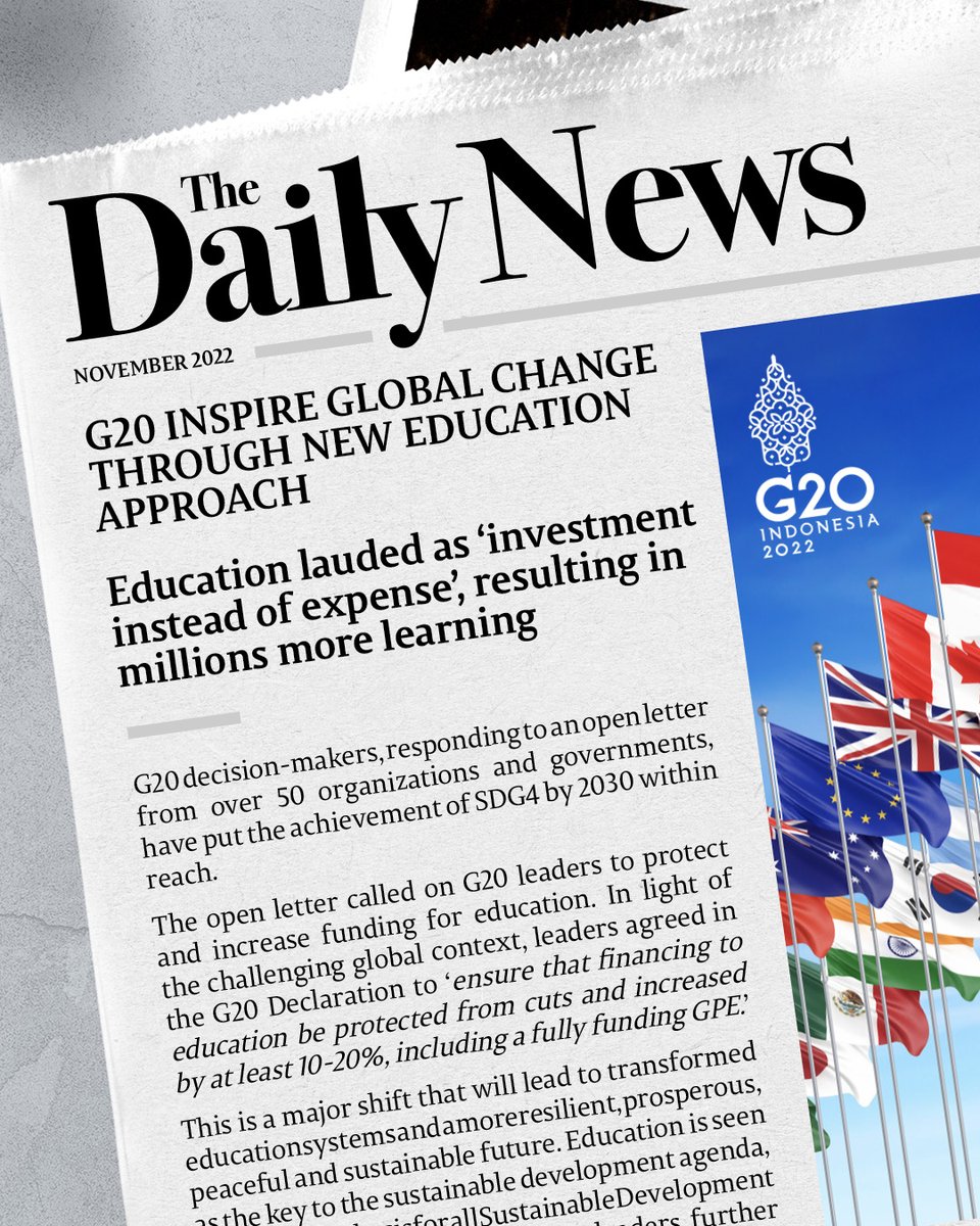 We need a world where this is not fake news 📰

Education is the answer to many of today's most pressing challenges. Therefore, we call on <a href="/g20org/">G20 South Africa</a> leaders to prioritize and #FundEducation for all: g.pe/fBHg50L2xX9
#TransformingEducation #G20Indonesia