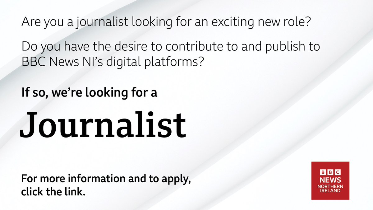 🚨 Job alert 🚨 
BBC News NI is recruiting a full-time journalist to the digital news team!
🖊️ To apply, bbc.in/3Nfumf1
📅 Applications close on Monday 31 October 2022. 

#JournalistJobs #JournoJobs #JournalismJobs