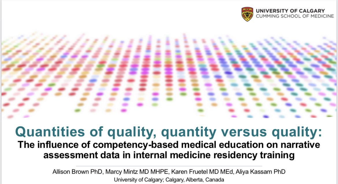 Starting shortly in room 521, we’ll share findings from our @UCalgaryOHMES-funded study on how the quality of narrative comments for EPAs and ITERs have been impacted by the implementation of #CBME in the @UCalgaryIMRP 
#ICRE2022 @marcymintz @FruetelKaren @academialiya