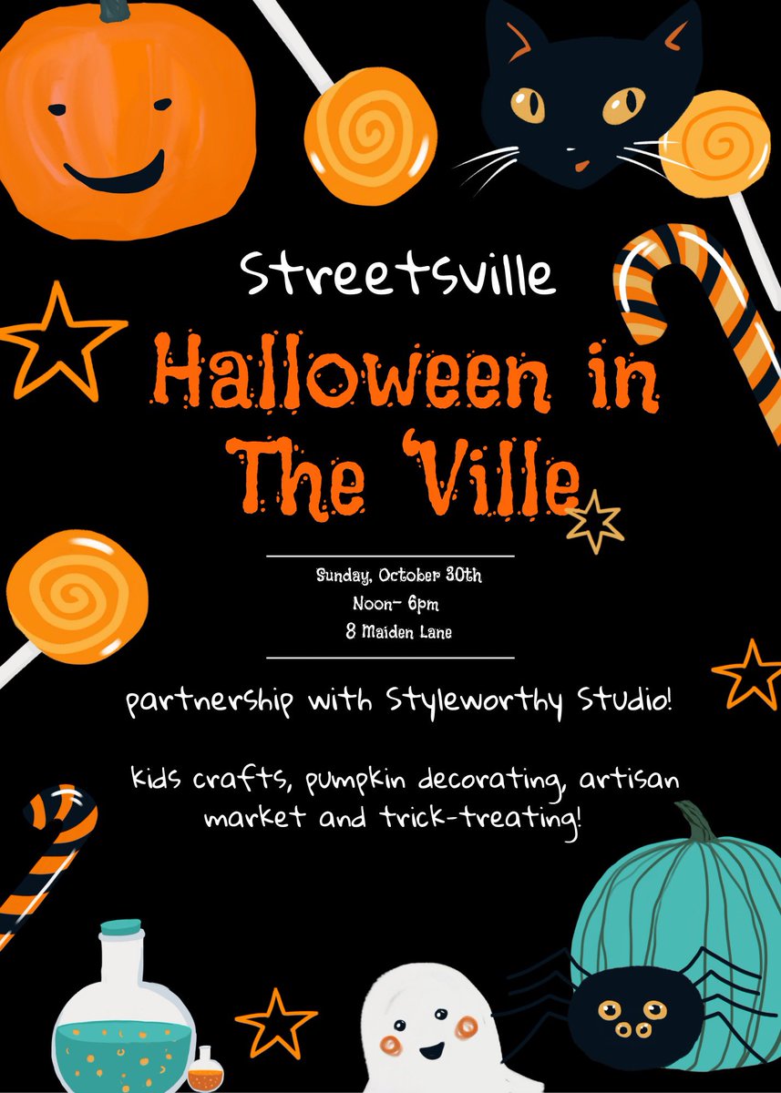Halloween in The ‘Ville in partnership with Styleworthy Studio! Dress up in your favourite costume &amp; join us for crafts, pumpkin decorating, artisan market &amp; trick-treating on Oct 30th, Noon-6pm at 8 Maiden Lane!  

At 2pm we have Spooks Story Time with the Streetsville Library📚