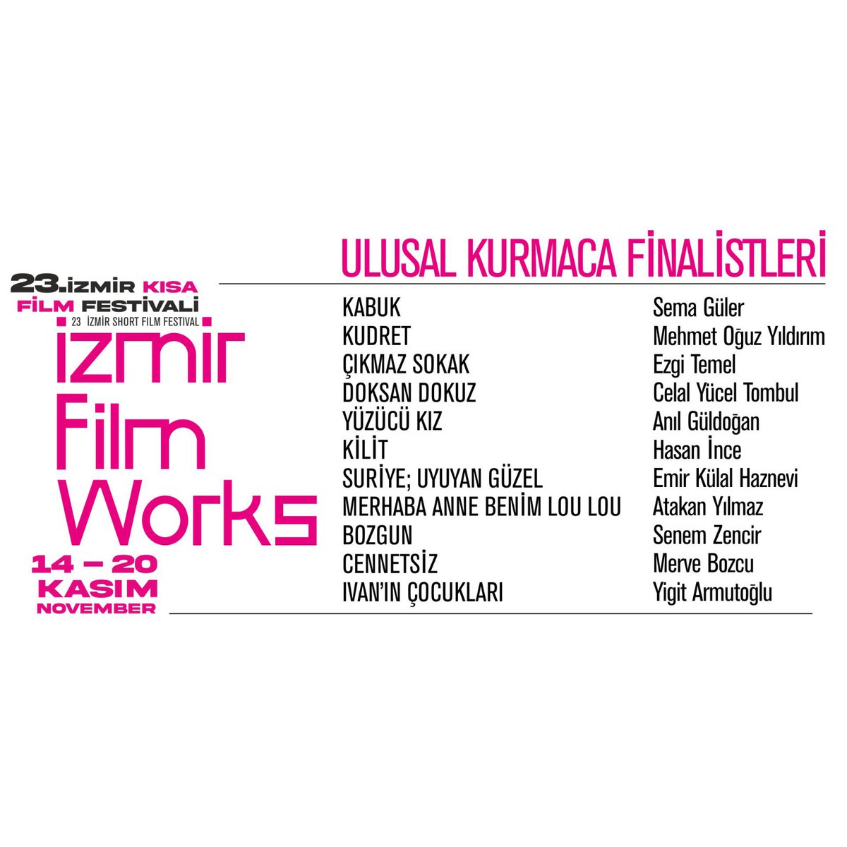 Bu yıl ikincisini düzenleyeceğimiz proje yarışması ve sinema eğitimlerinin yer alacağı İzmir Film Works'te finalistleri belli oldu.