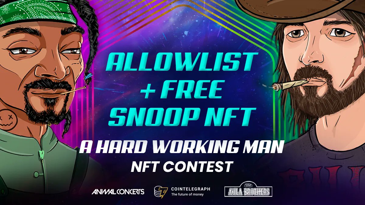 Cointelegraph's tweet image. We want to know, what&apos;s your favorite NFT project &amp;amp; why? 👾 

Tell us in the comments!

You&apos;ll have a shot at an allowlist + FREE @SnoopDogg NFT for the A Hard Working Man drop!

To enter
✅ Reply w/ your answer
✅ RT + Follow @AHWM_NFT
✅ Join allowlist👉buff.ly/3MWyel8