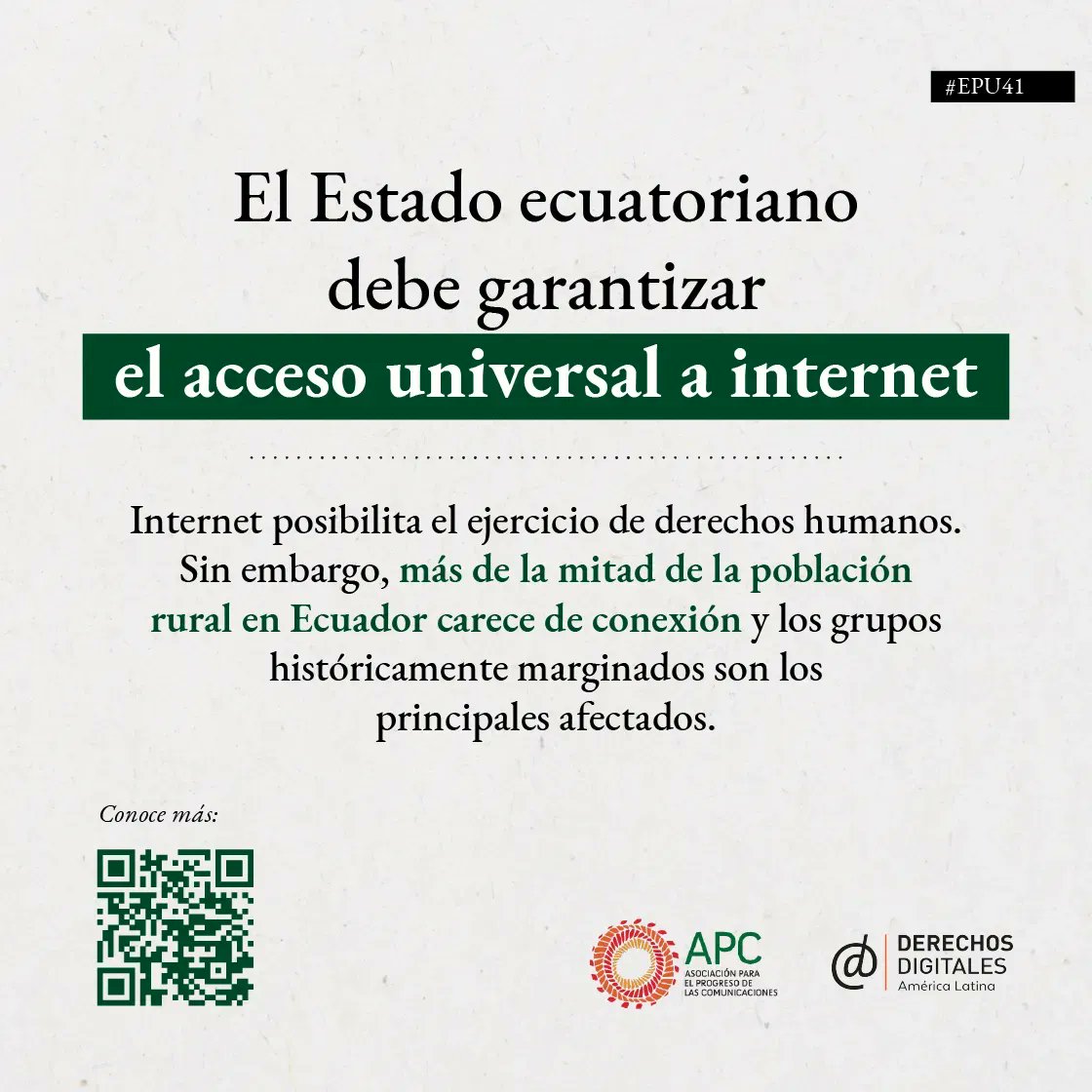 #EPU41 #Ecuador: Más de la población rural en Ecuador carece de conexión a internet. Es urgente que el estado ecuatoriano garantice el acceso universal a internet. Visita la página wwww.derechosdigitales.org/epu